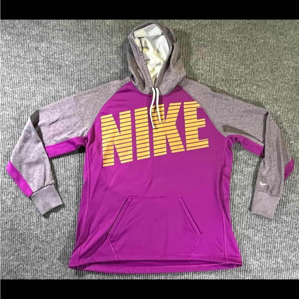 Nike Therma Fit Hoodie Womens Extra Large Purple Gray Spell Out Thumb Holes